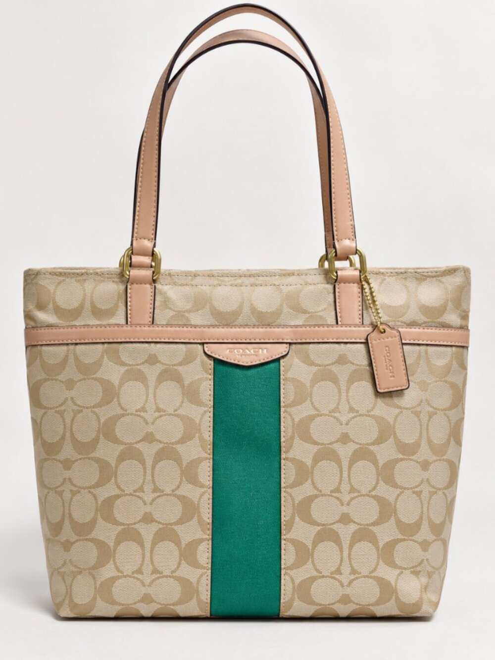 Coach F28504 Khaki Emerald Signature Stripe Tote Bag